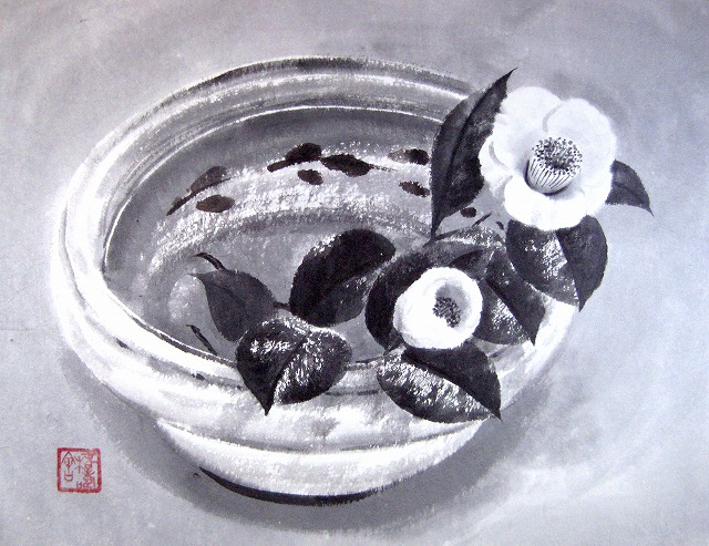 穐月明　鉢の椿　絵画（日本画/紙本）作品
